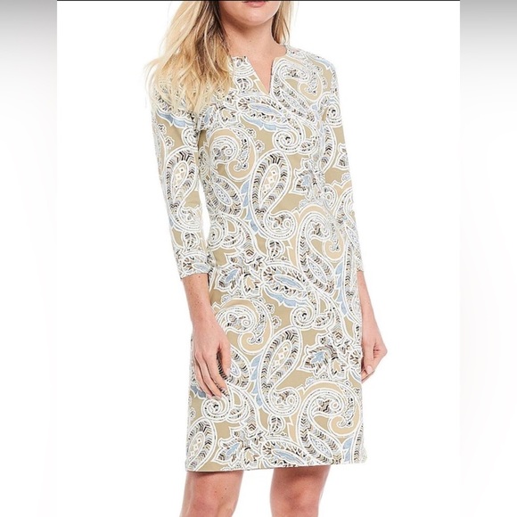 J. McLaughlin Carly Sheath Dress Catalina Cloth Preppy Taupe Paisley Sz Medium - Picture 1 of 12
